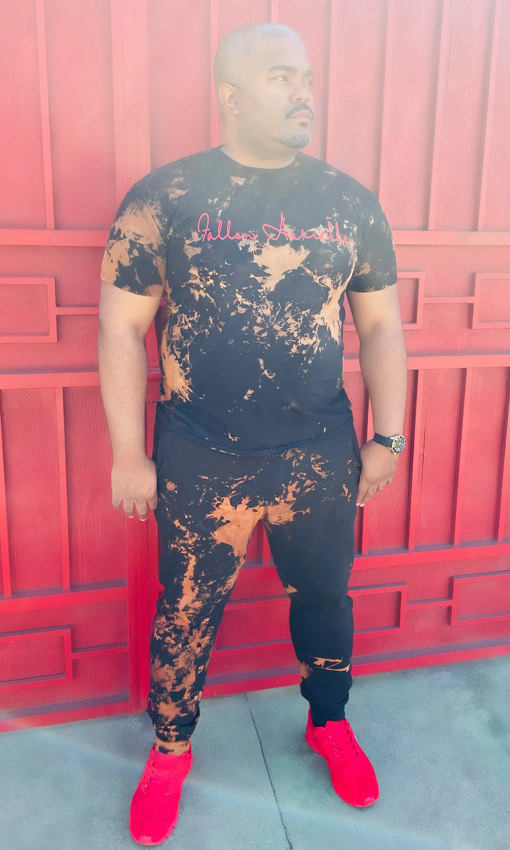 Fallon Aurielle Unisex Signature Acid Wash Jogger Set (Black, Red & Tan)