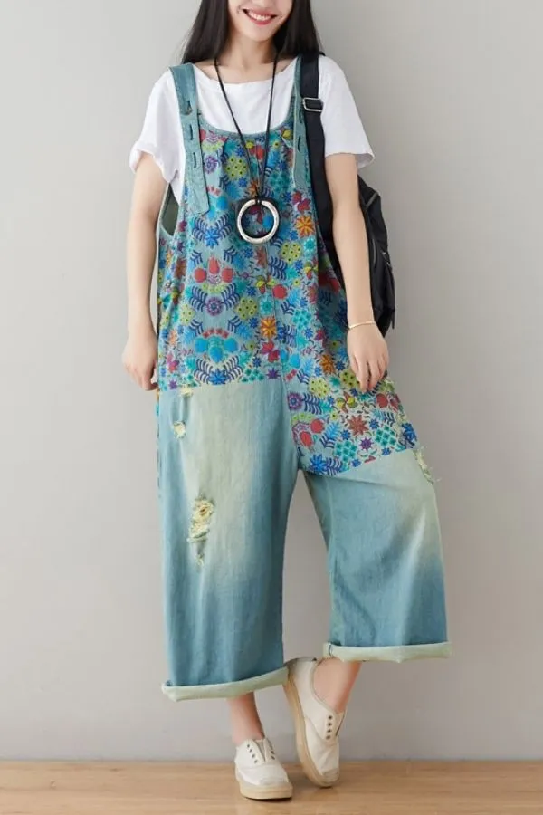 Floral Printed Denim Overalls(Fit 99 To 154bs)