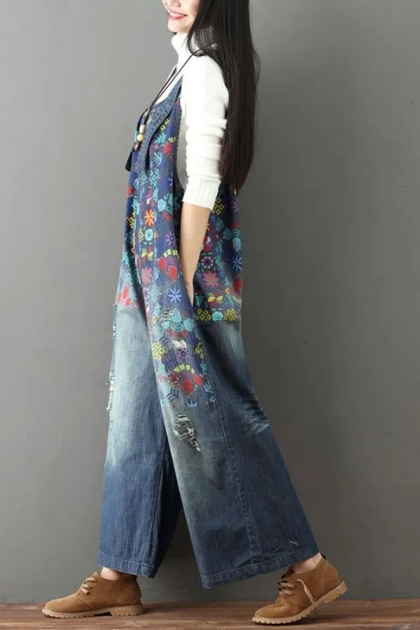 Floral Printed Denim Overalls(Fit 99 To 154bs)