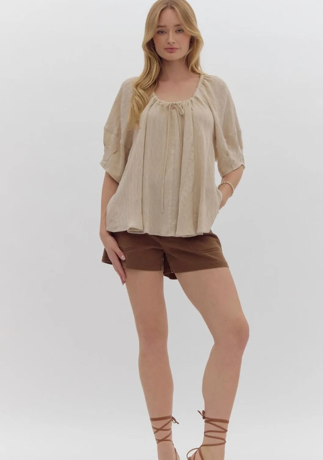 Flowy Peasant Top - Almond