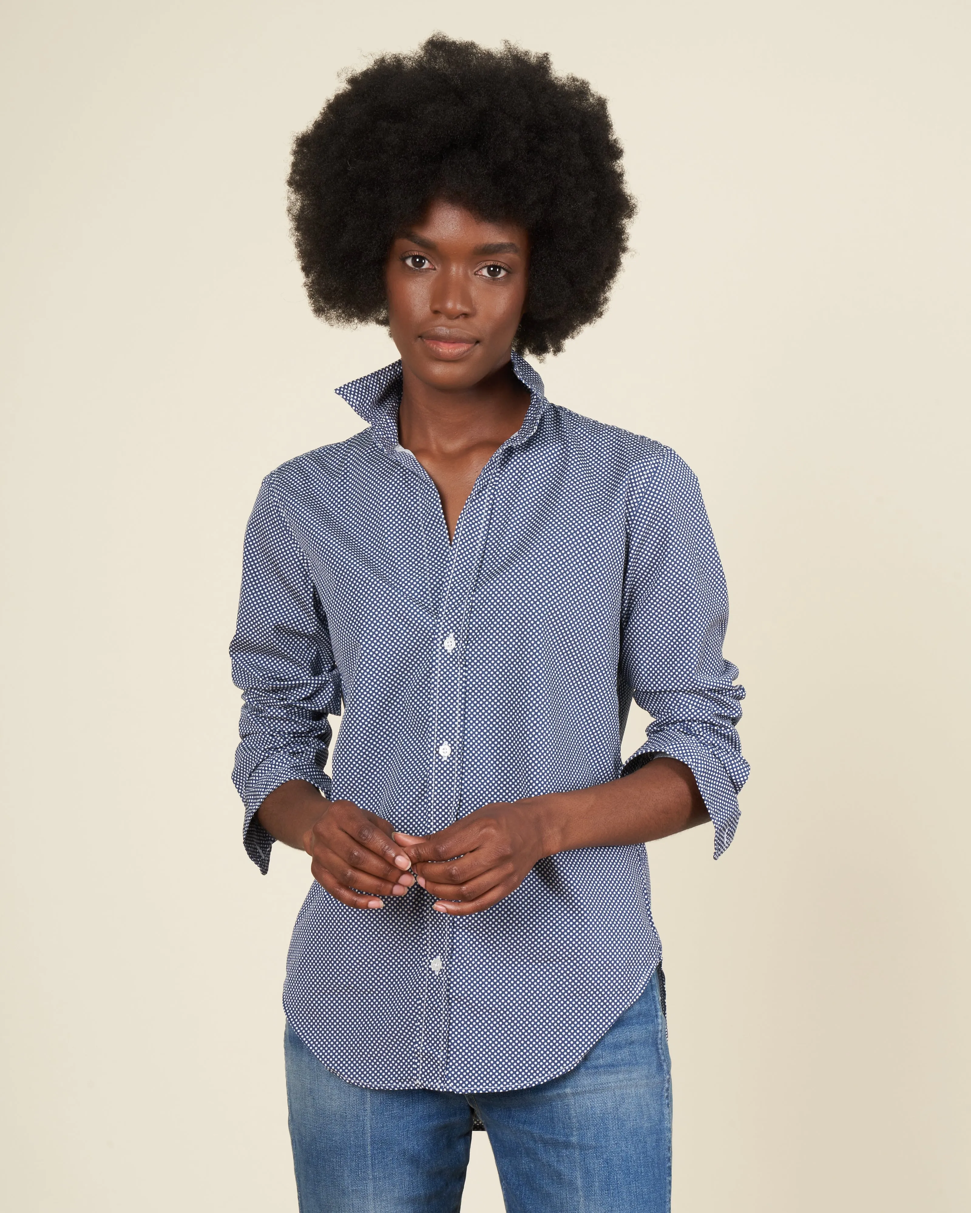 frank woven button up - navy polka dots