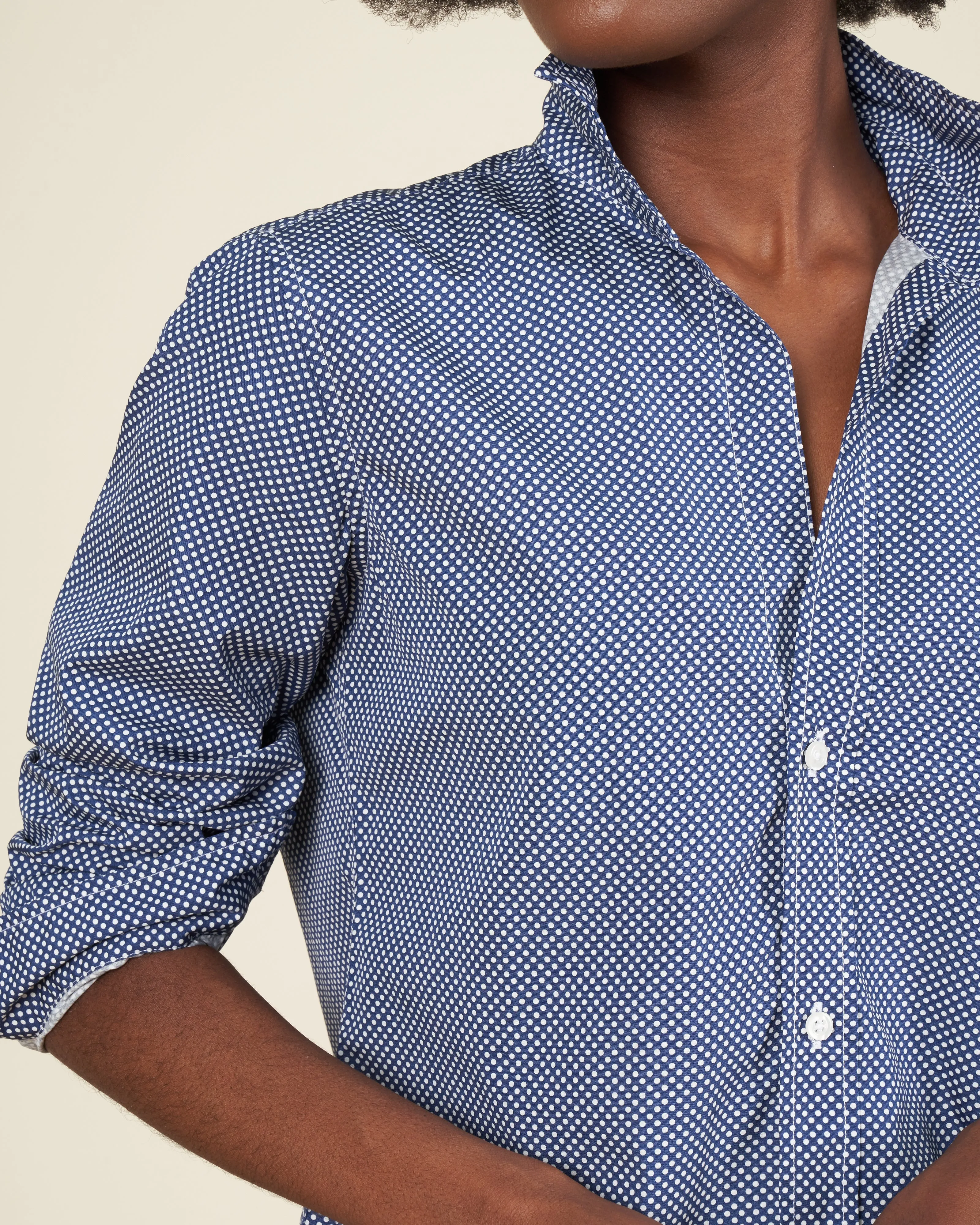 frank woven button up - navy polka dots