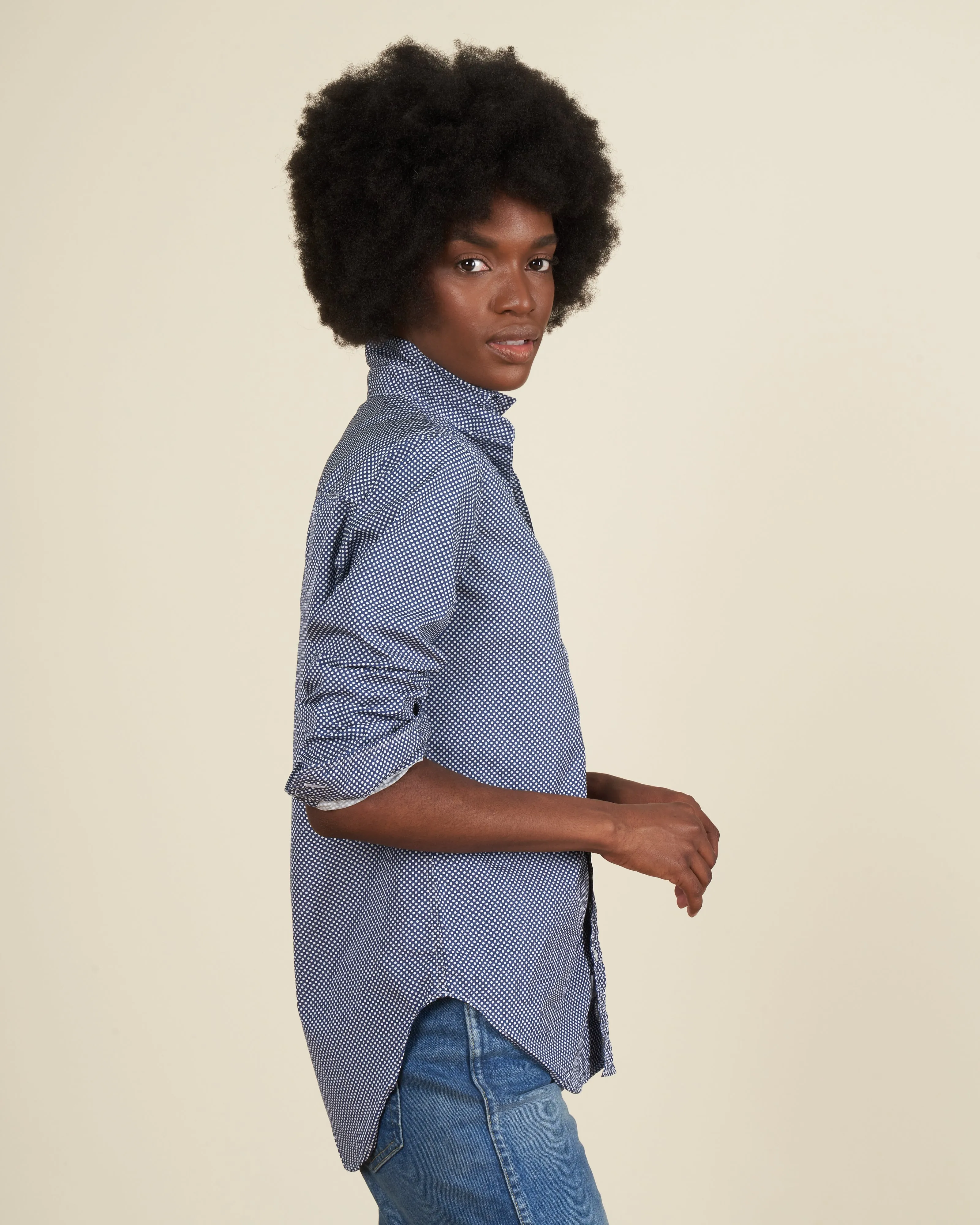 frank woven button up - navy polka dots