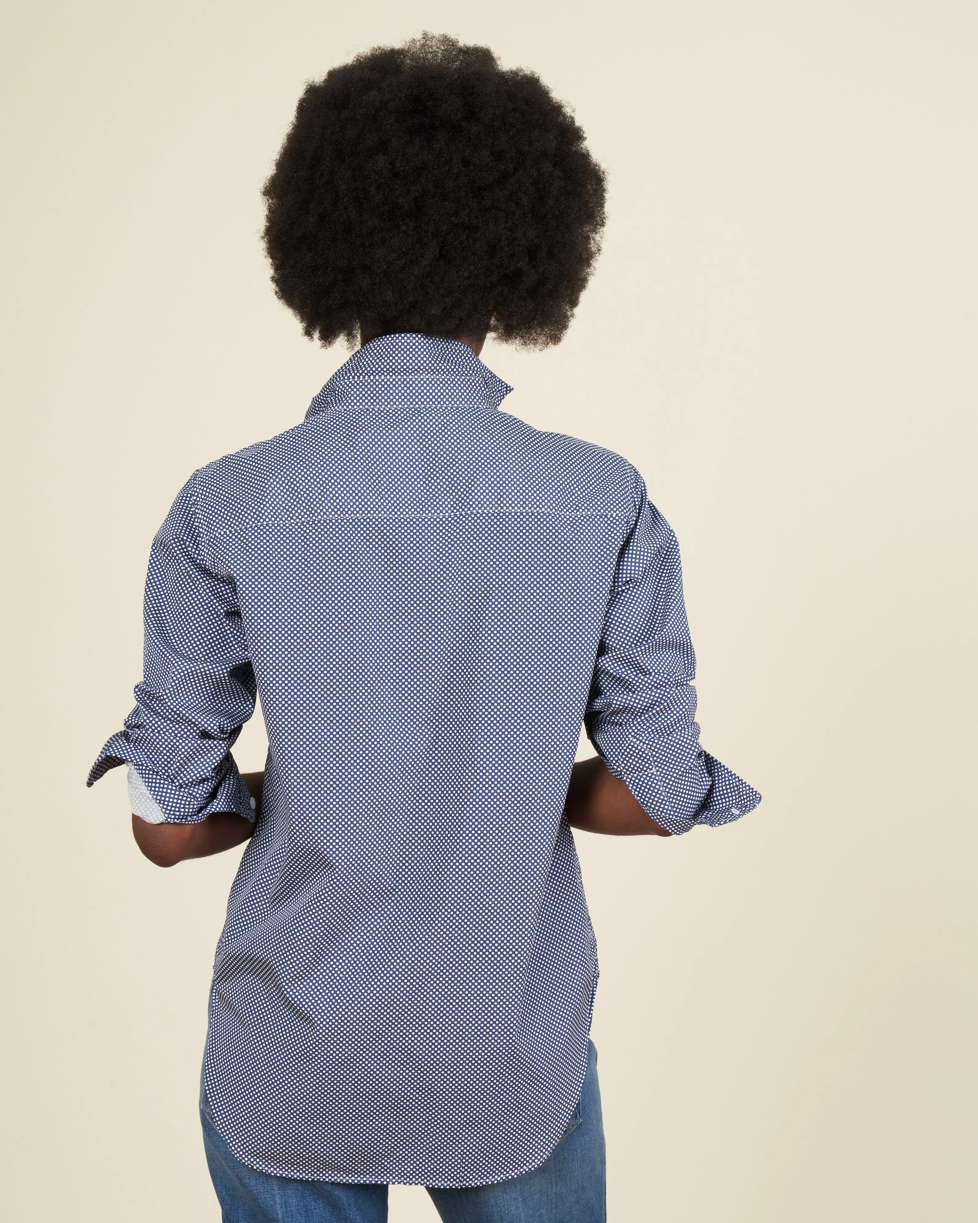 frank woven button up - navy polka dots