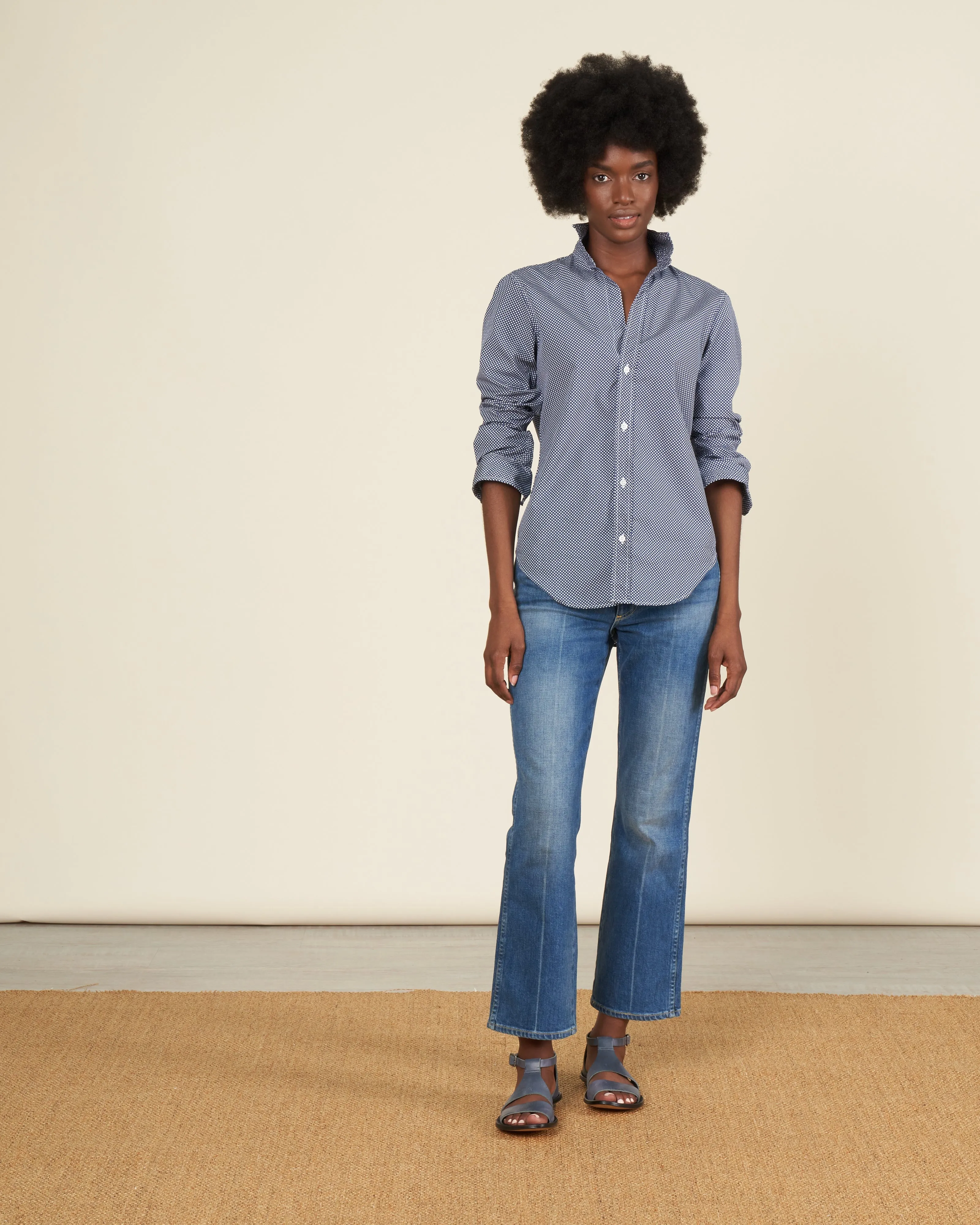 frank woven button up - navy polka dots