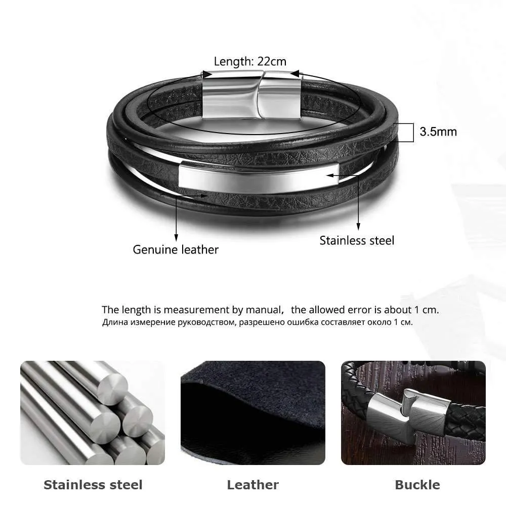 Genuine Leather Stainless Steel Stylish Bracelets for Men, Multiple Layer Wristband, Jewelry Gift