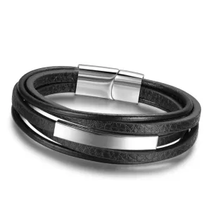 Genuine Leather Stainless Steel Stylish Bracelets for Men, Multiple Layer Wristband, Jewelry Gift