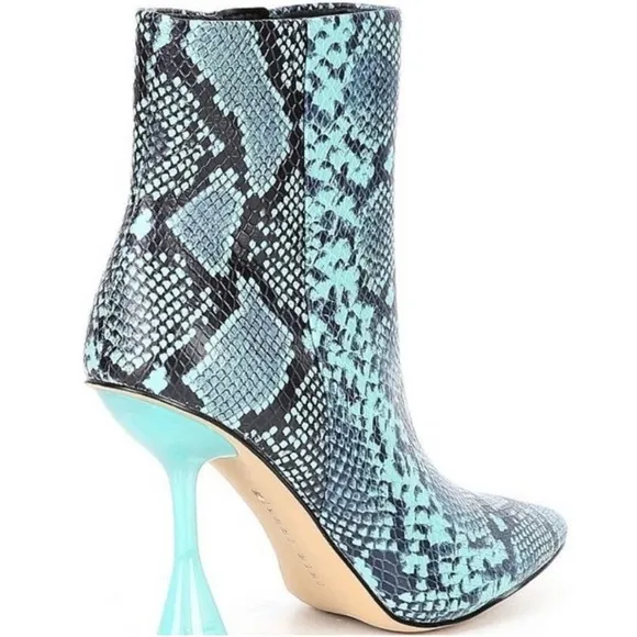 Gianna Bini Fawlie Blue Snake Print Leather Clear Flared Heel Booties Size 6