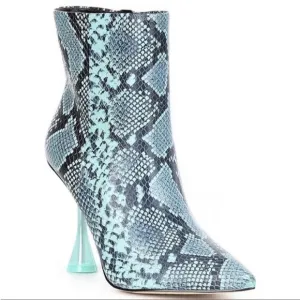 Gianna Bini Fawlie Blue Snake Print Leather Clear Flared Heel Booties Size 6