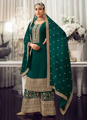 Green and Gold Heavy Embroidered Stylish Palazzo Suit