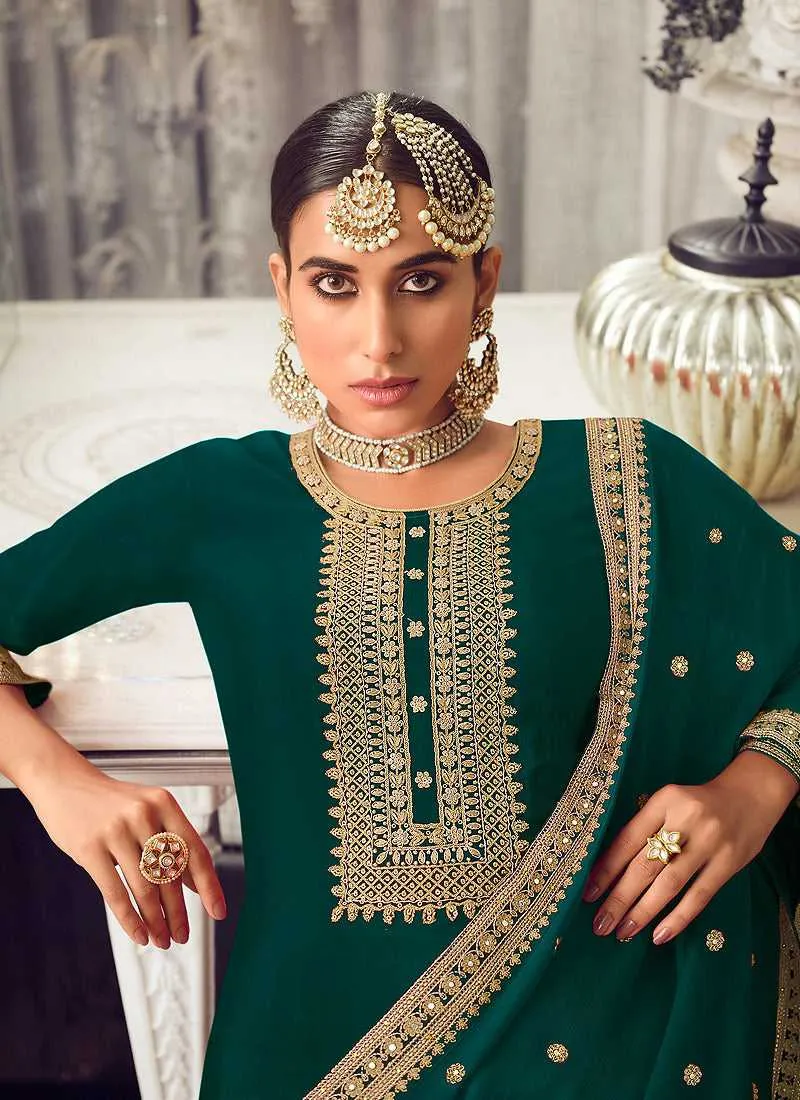 Green and Gold Heavy Embroidered Stylish Palazzo Suit