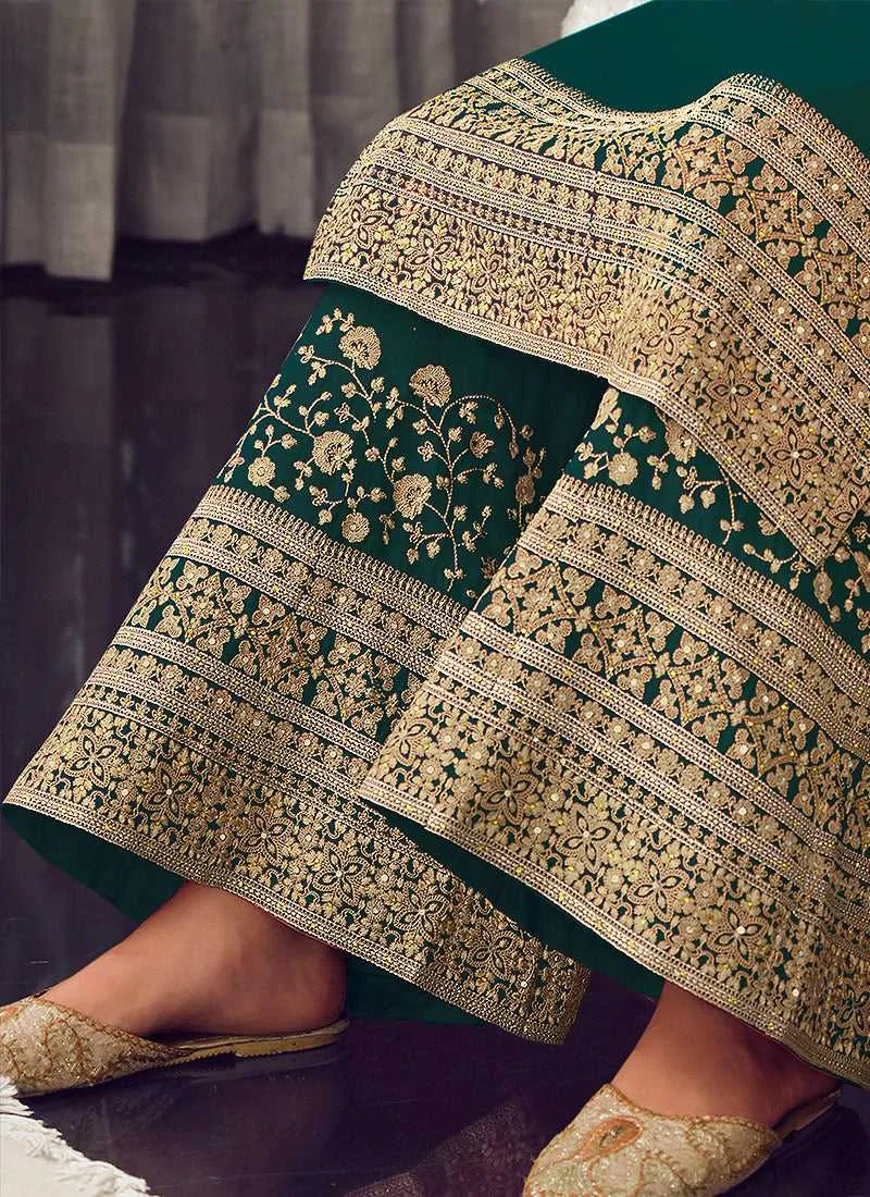 Green and Gold Heavy Embroidered Stylish Palazzo Suit
