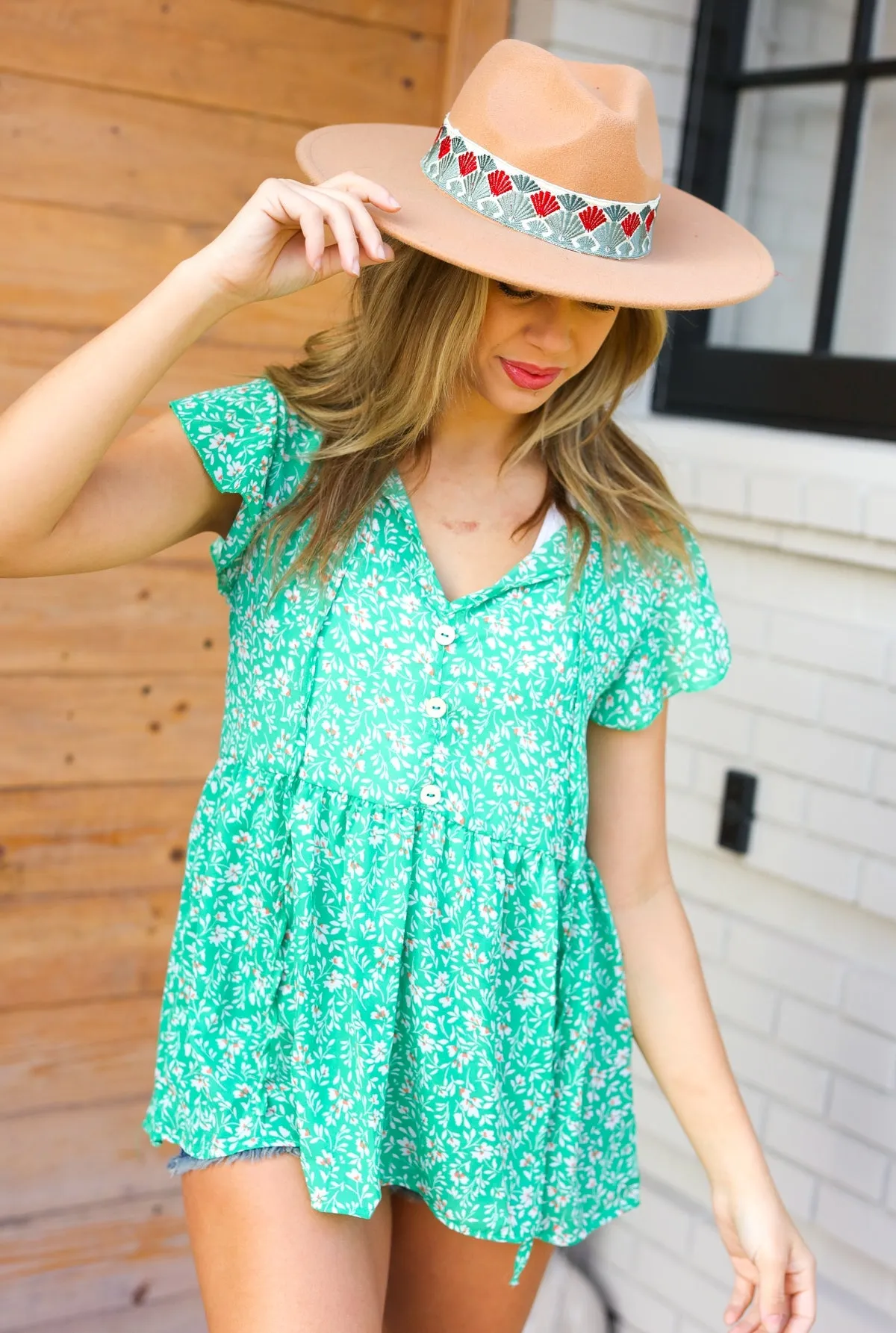 Green Floral Button Tie Neck Babydoll Top