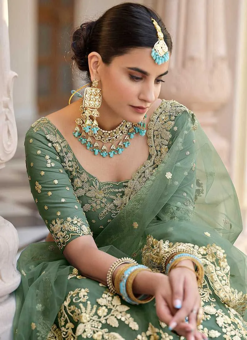 Green Heavy Floral Embroidered Stylish Wedding Lehenga