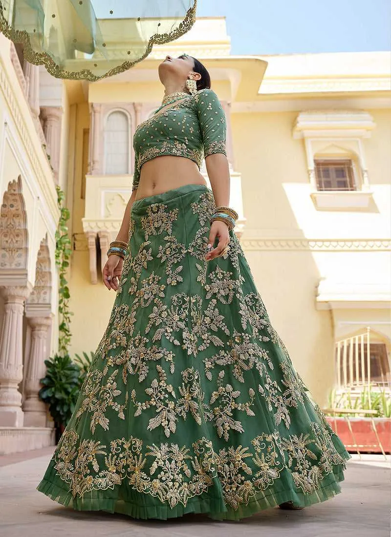 Green Heavy Floral Embroidered Stylish Wedding Lehenga