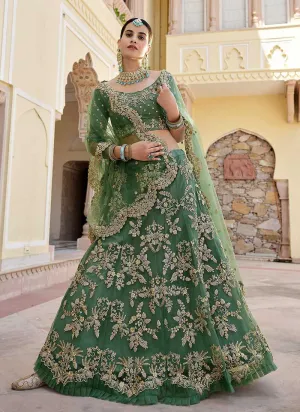 Green Heavy Floral Embroidered Stylish Wedding Lehenga