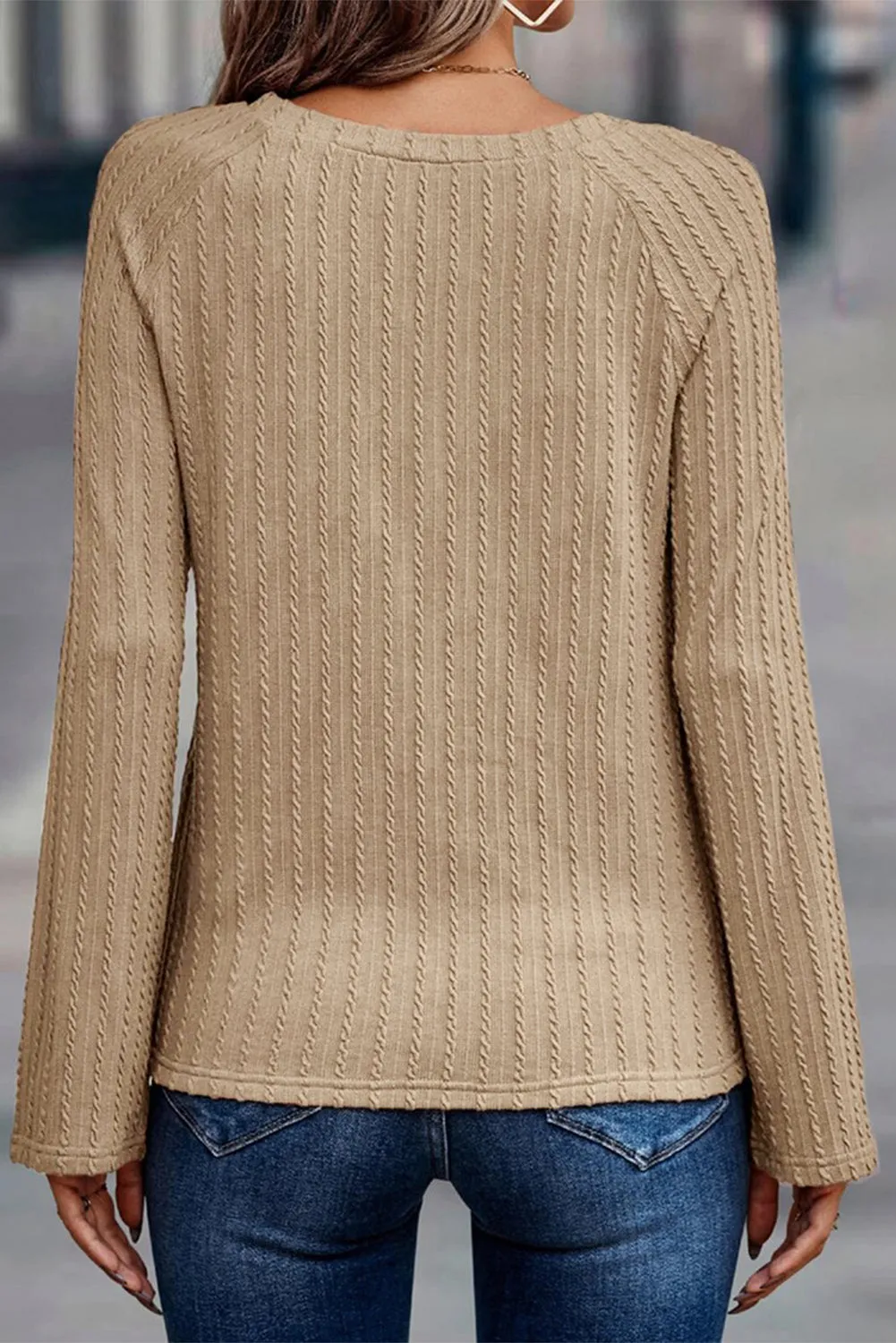 Green Ribbed Round Neck Knit Long Sleeve Top