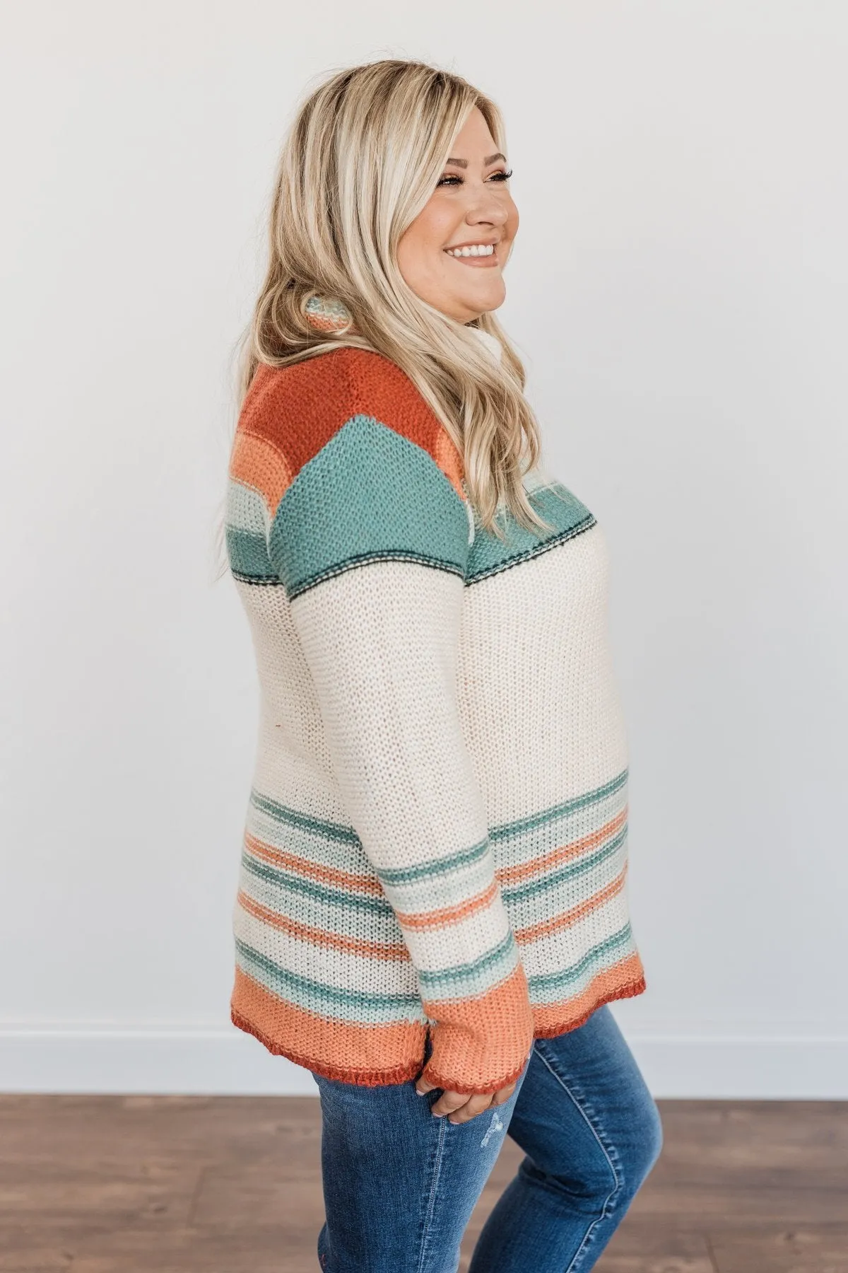 Harvest Happiness Cowl Neck Sweater- Cream, Rust & Dusty Teal
