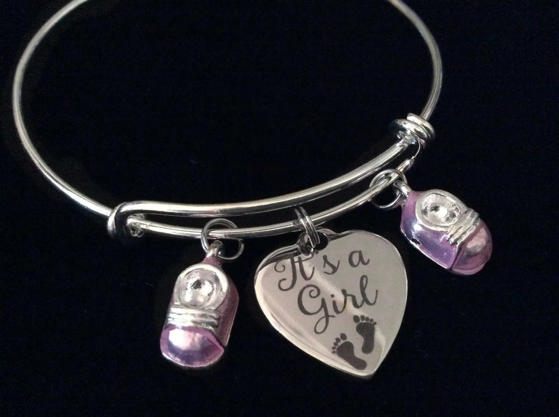 It's A Girl Pink Baby Booties Silver Expandable Charm Bracelet Adjustable Wire Bangle New Mom Gift