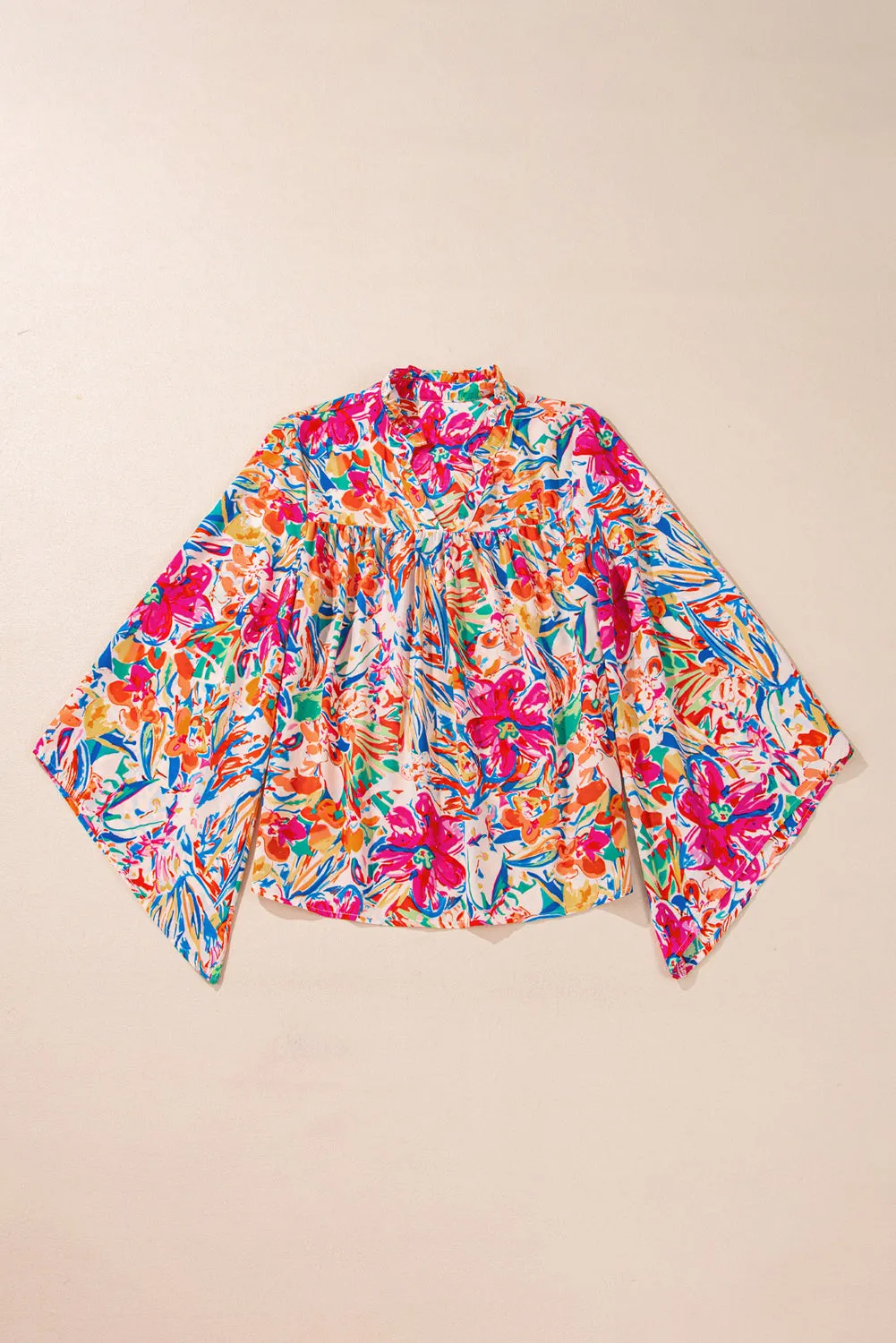 KaleaBoutique Stylish Floral Print Bell Sleeve V Neck Blouse