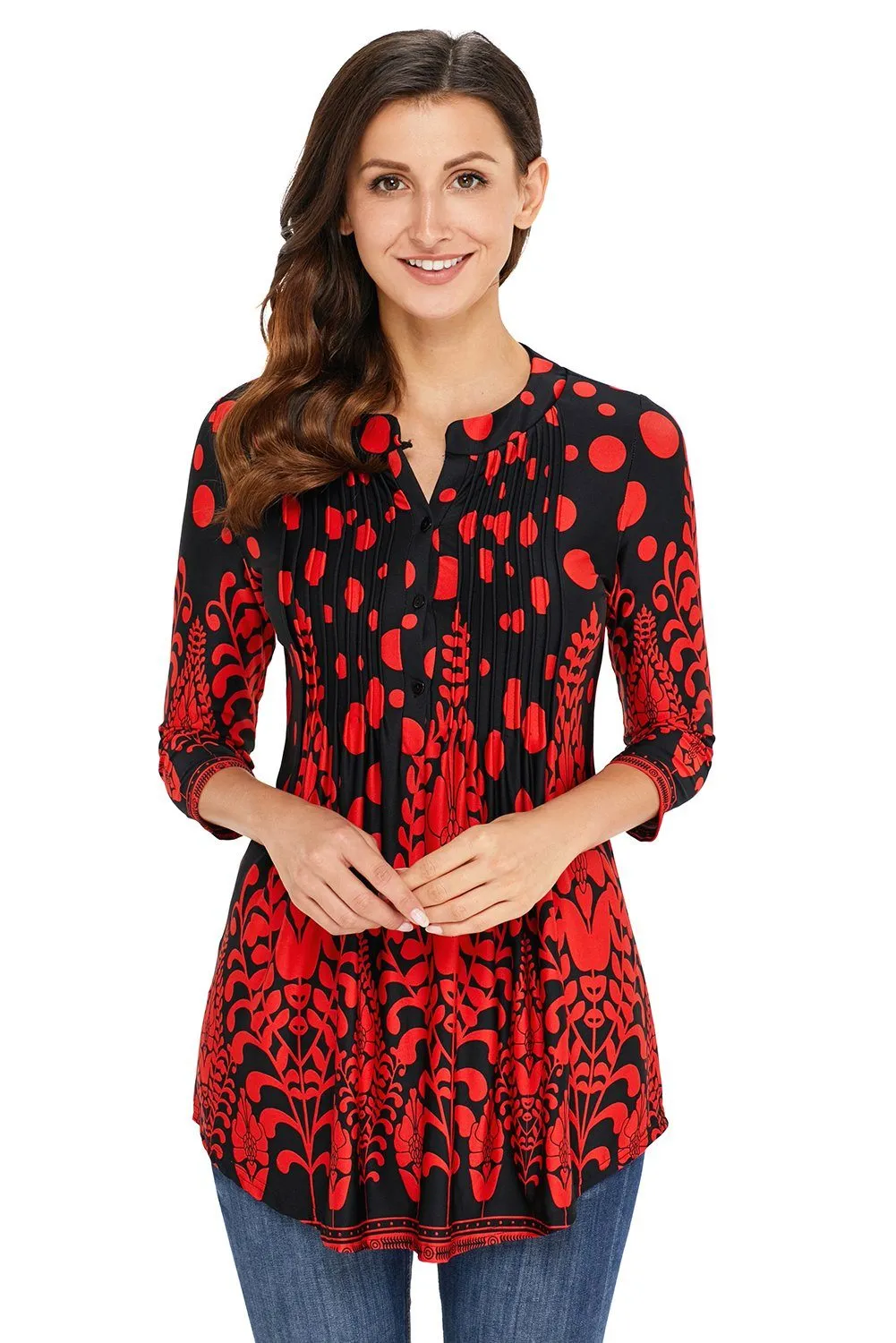 KaleaBoutique Stylish Red Floral Notch Neck Pin-tuck Tunic