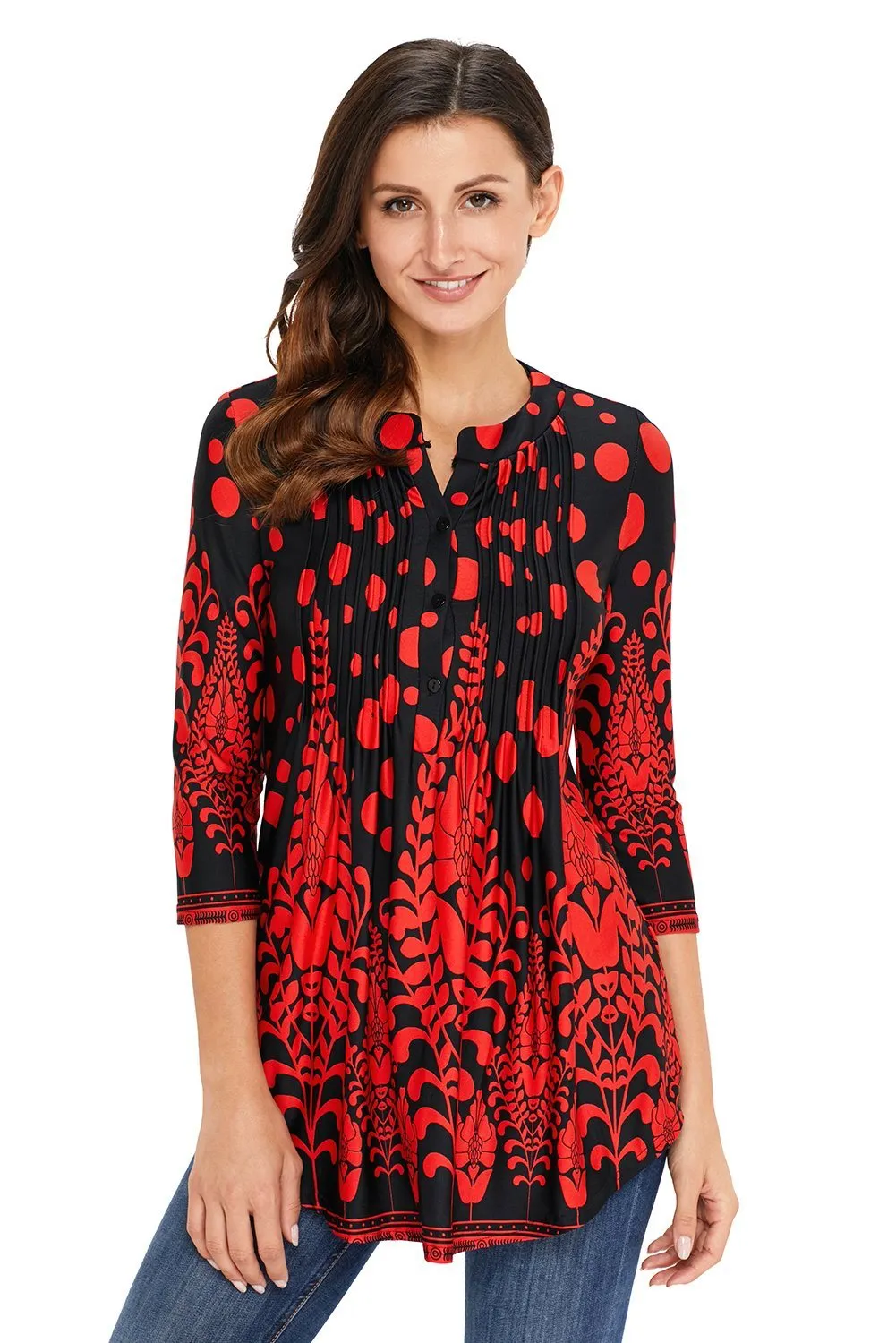KaleaBoutique Stylish Red Floral Notch Neck Pin-tuck Tunic