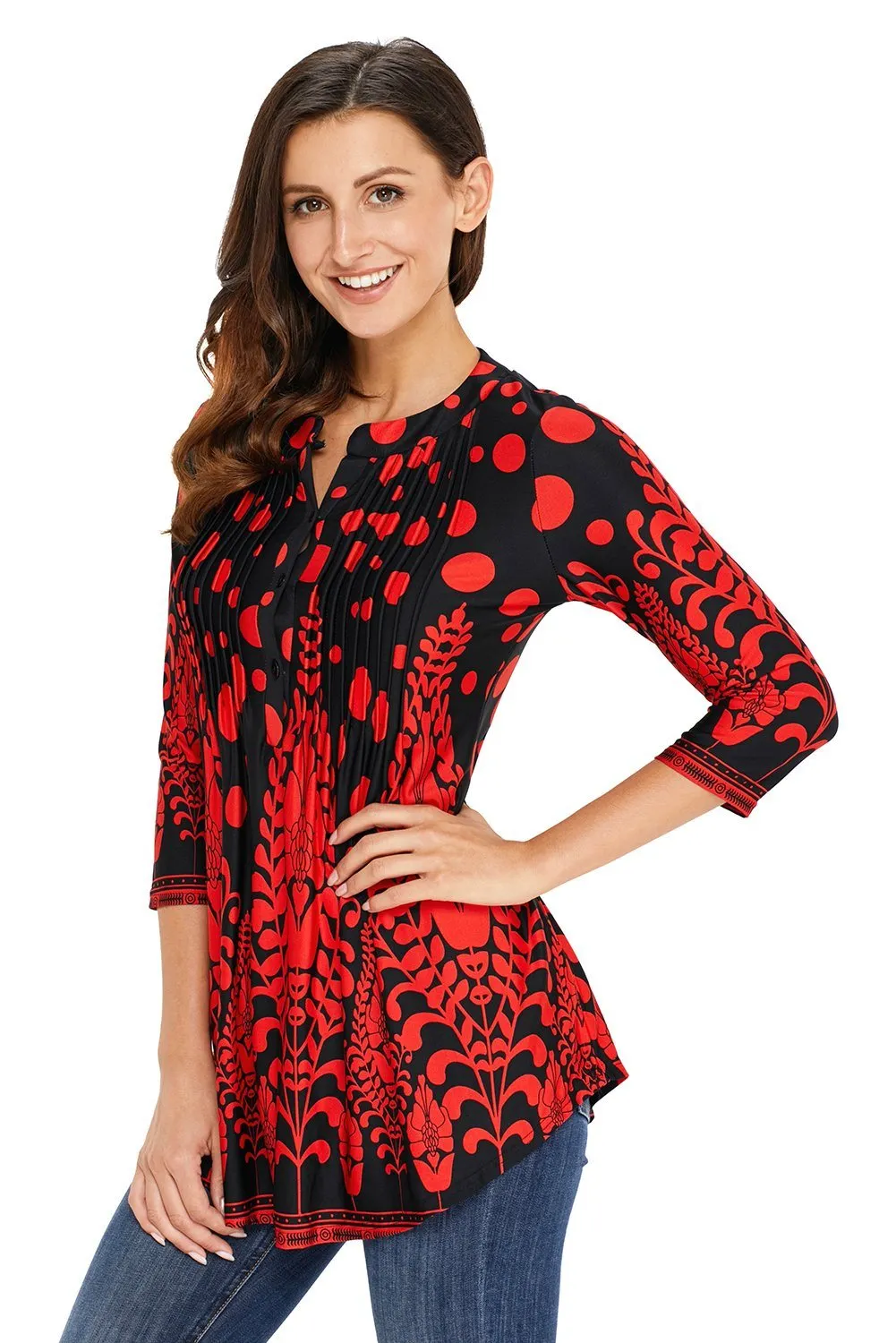 KaleaBoutique Stylish Red Floral Notch Neck Pin-tuck Tunic