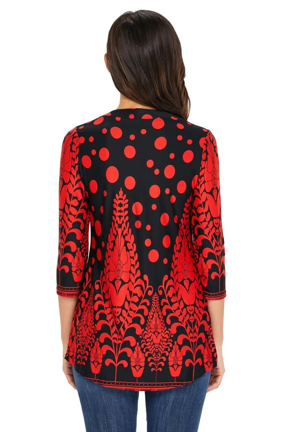 KaleaBoutique Stylish Red Floral Notch Neck Pin-tuck Tunic