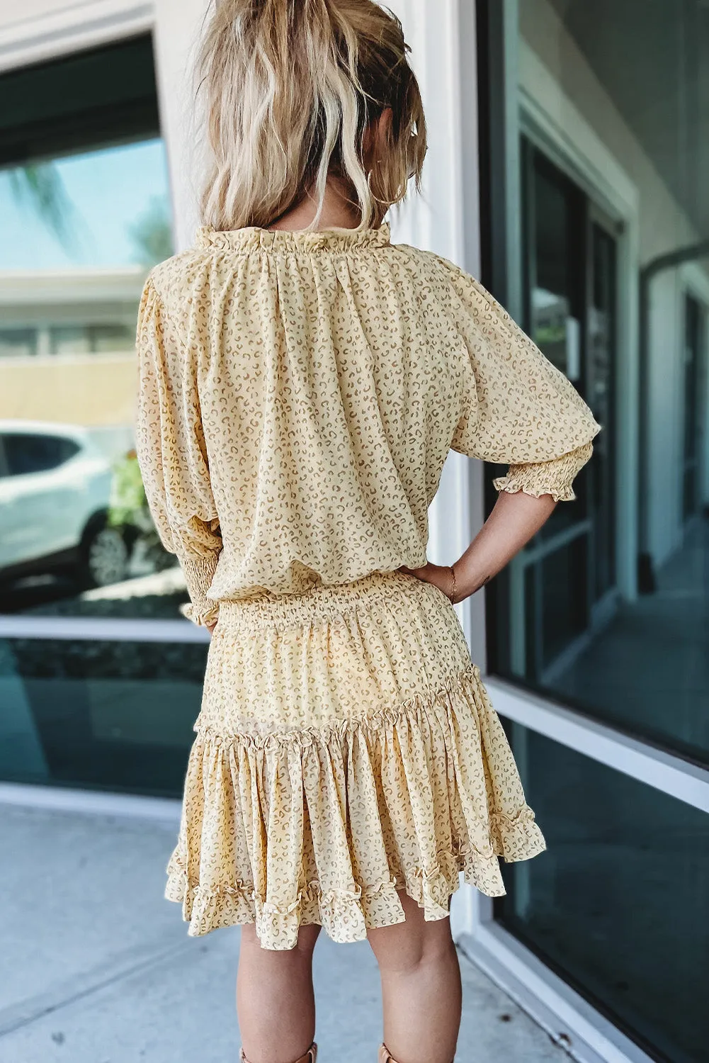 Leopard Shirred Puff Half Sleeve Ruffled Mini Dress