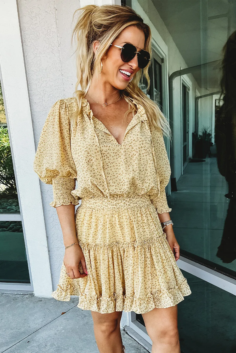 Leopard Shirred Puff Half Sleeve Ruffled Mini Dress