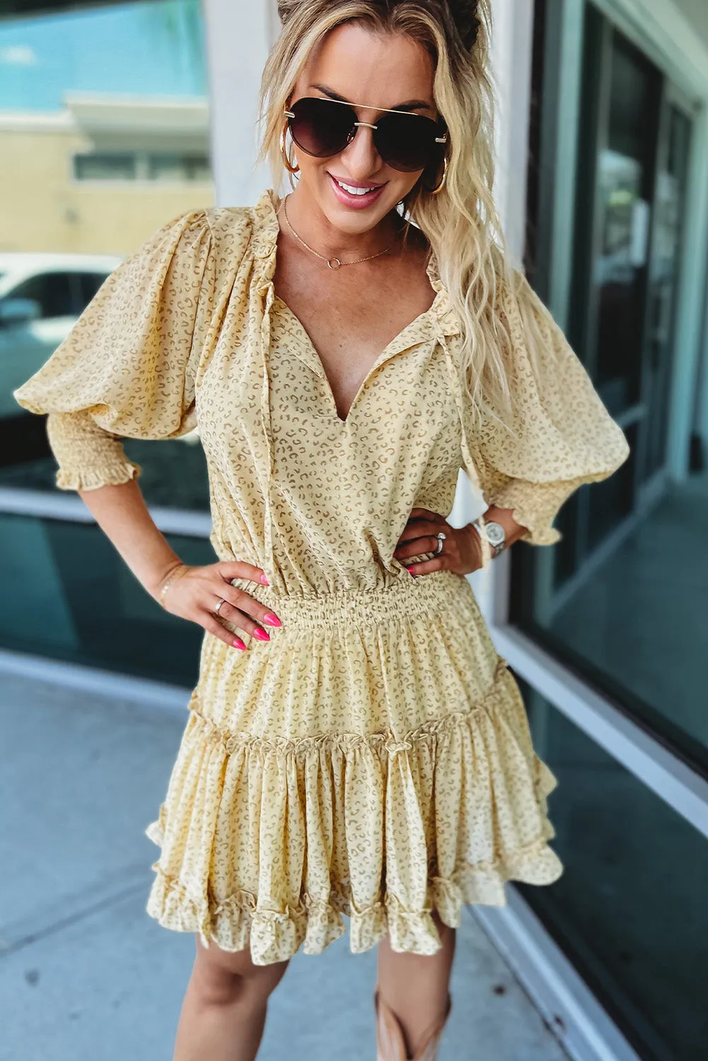 Leopard Shirred Puff Half Sleeve Ruffled Mini Dress