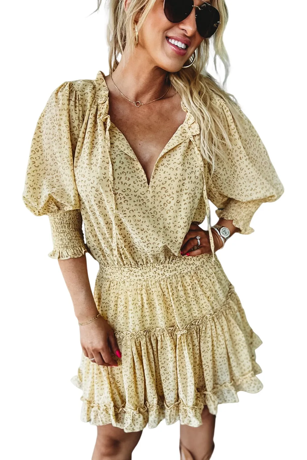Leopard Shirred Puff Half Sleeve Ruffled Mini Dress