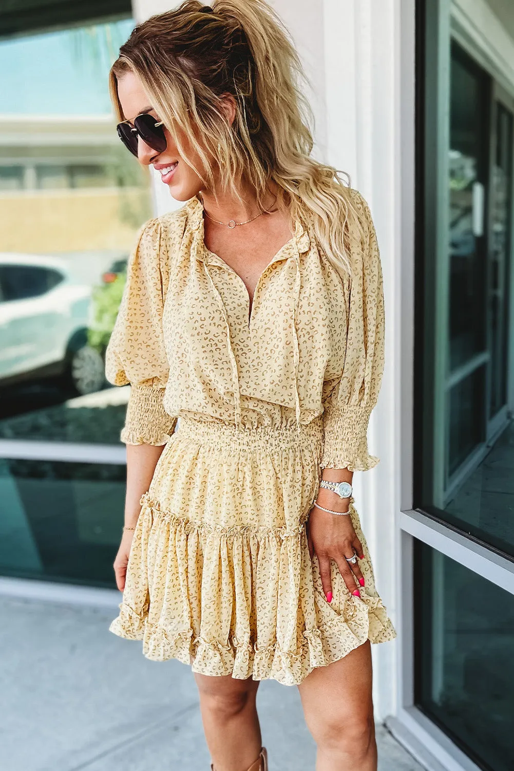 Leopard Shirred Puff Half Sleeve Ruffled Mini Dress