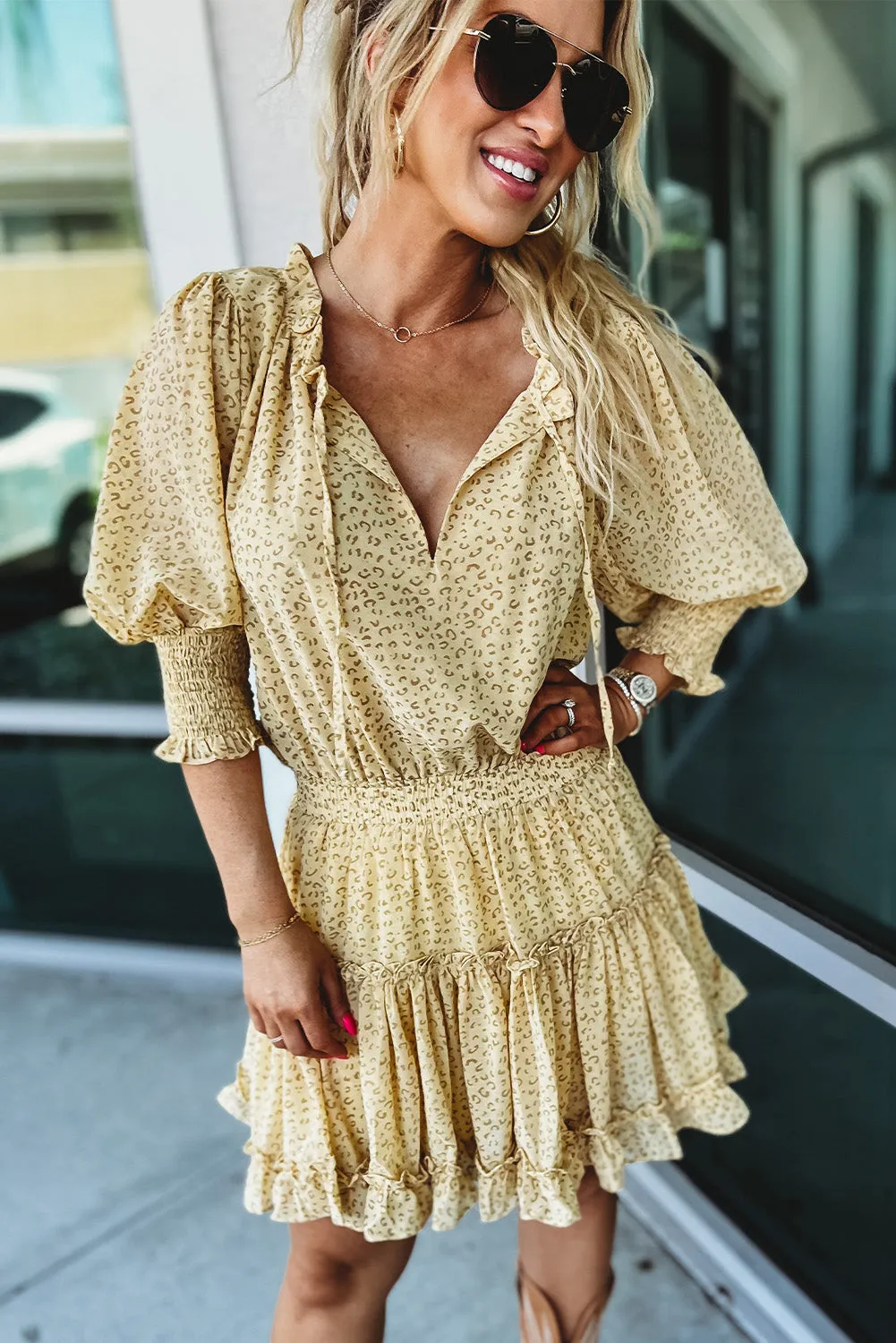 Leopard Shirred Puff Half Sleeve Ruffled Mini Dress