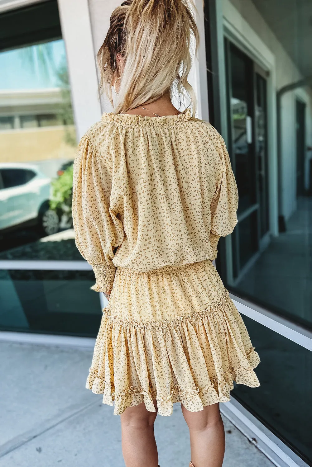 Leopard Shirred Puff Half Sleeve Ruffled Mini Dress