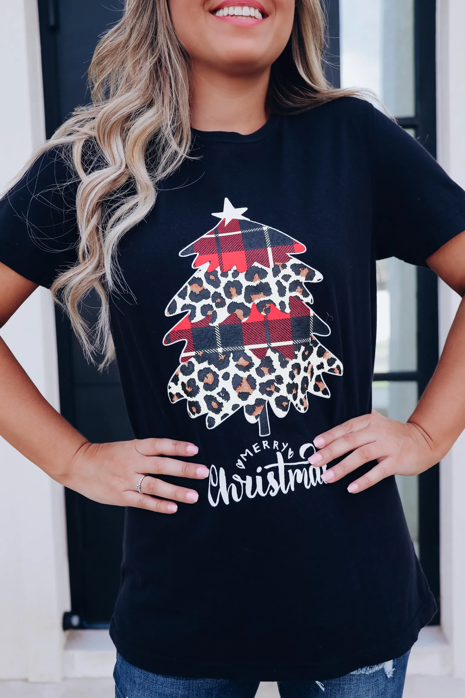Leopard/Buffalo Plaid Tree Graphic Tee - Black