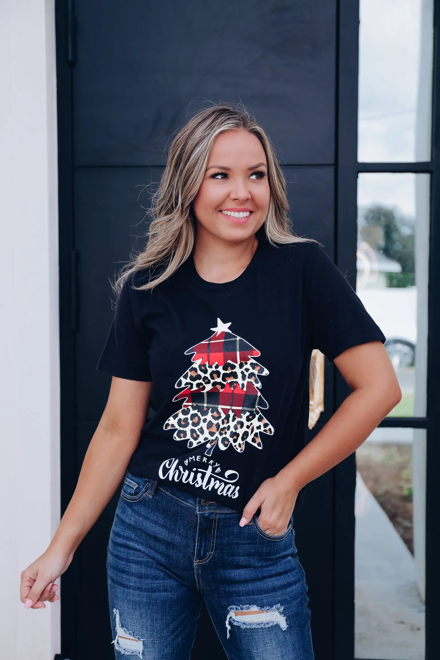 Leopard/Buffalo Plaid Tree Graphic Tee - Black