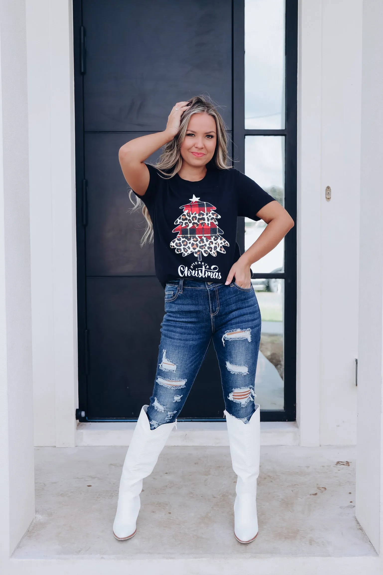 Leopard/Buffalo Plaid Tree Graphic Tee - Black