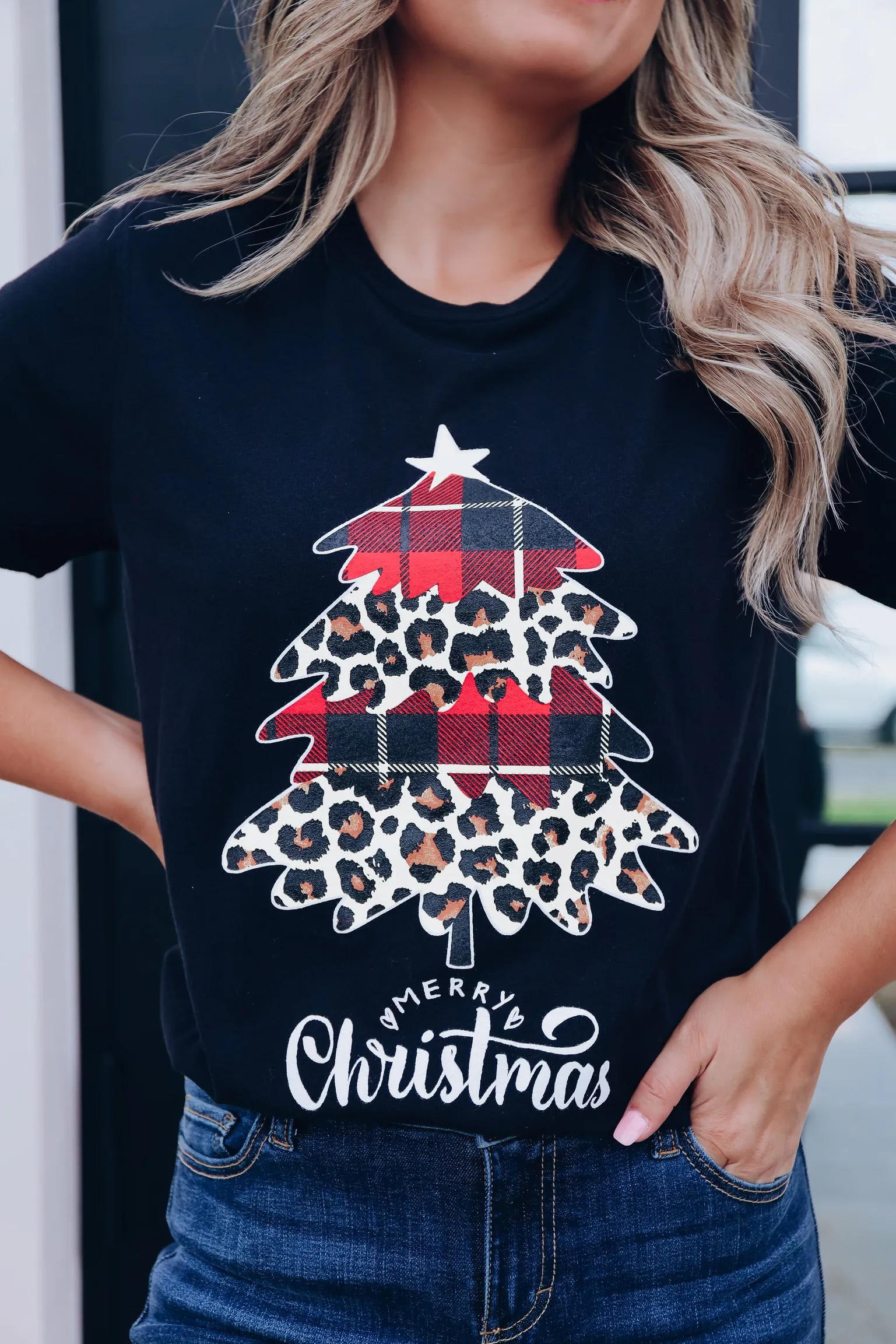 Leopard/Buffalo Plaid Tree Graphic Tee - Black