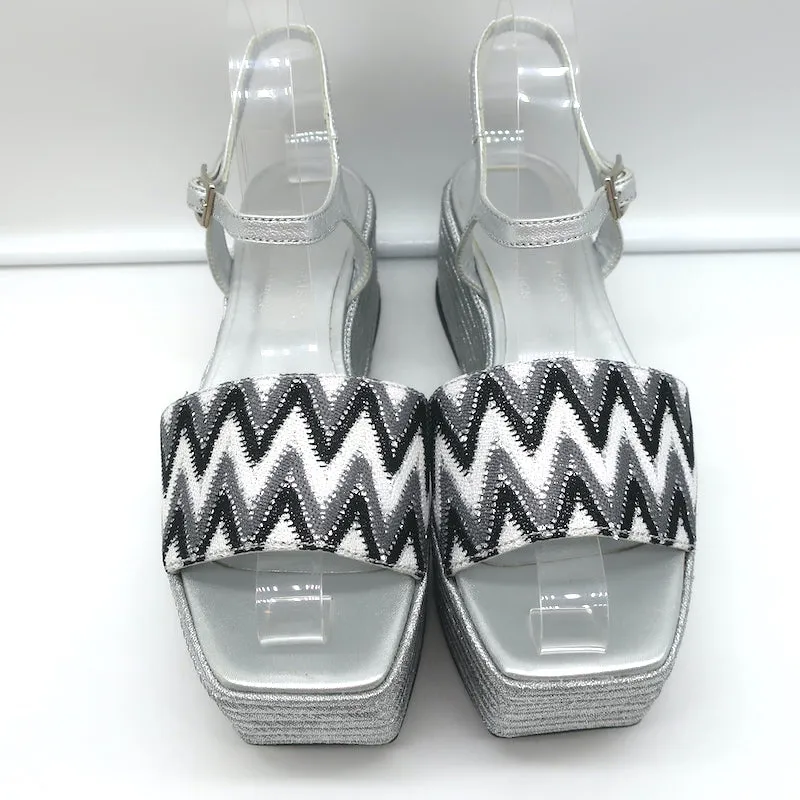 Madison Maison Woven Platform Wedge Sandals Silver Size 38 Ankle Strap Heels