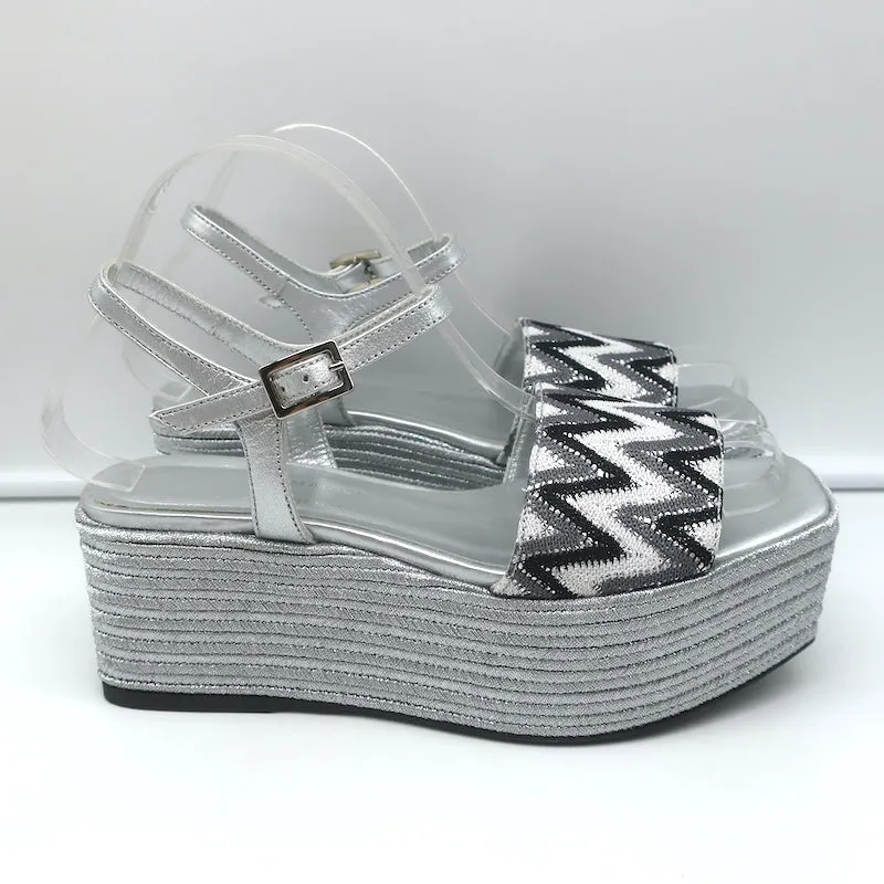 Madison Maison Woven Platform Wedge Sandals Silver Size 38 Ankle Strap Heels