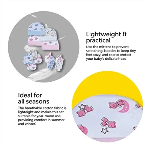 My Newborn by 10Club Baby Mittens, Booties and Cap Set (Assorted Colours, 0-3 Months) | Unisex Booty Combo | Pure Cotton Set | Multicoloured Hand Gloves and Socks | Unisex All Season Clothing