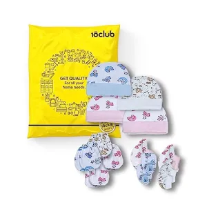 My Newborn by 10Club Baby Mittens, Booties and Cap Set (Assorted Colours, 0-3 Months) | Unisex Booty Combo | Pure Cotton Set | Multicoloured Hand Gloves and Socks | Unisex All Season Clothing