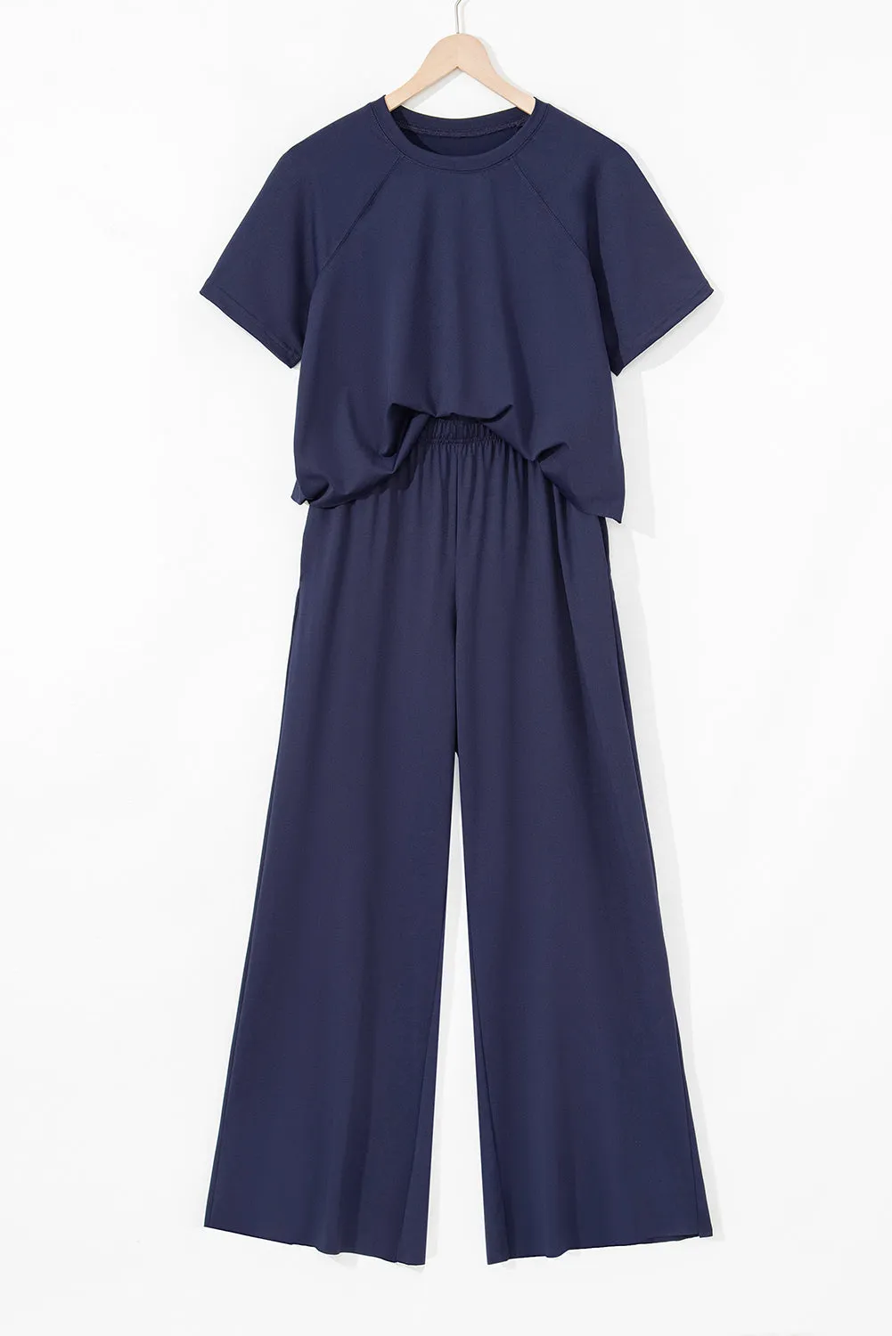 Navy Blue Raw Hem Loose Tee and Wide Leg Pants Set