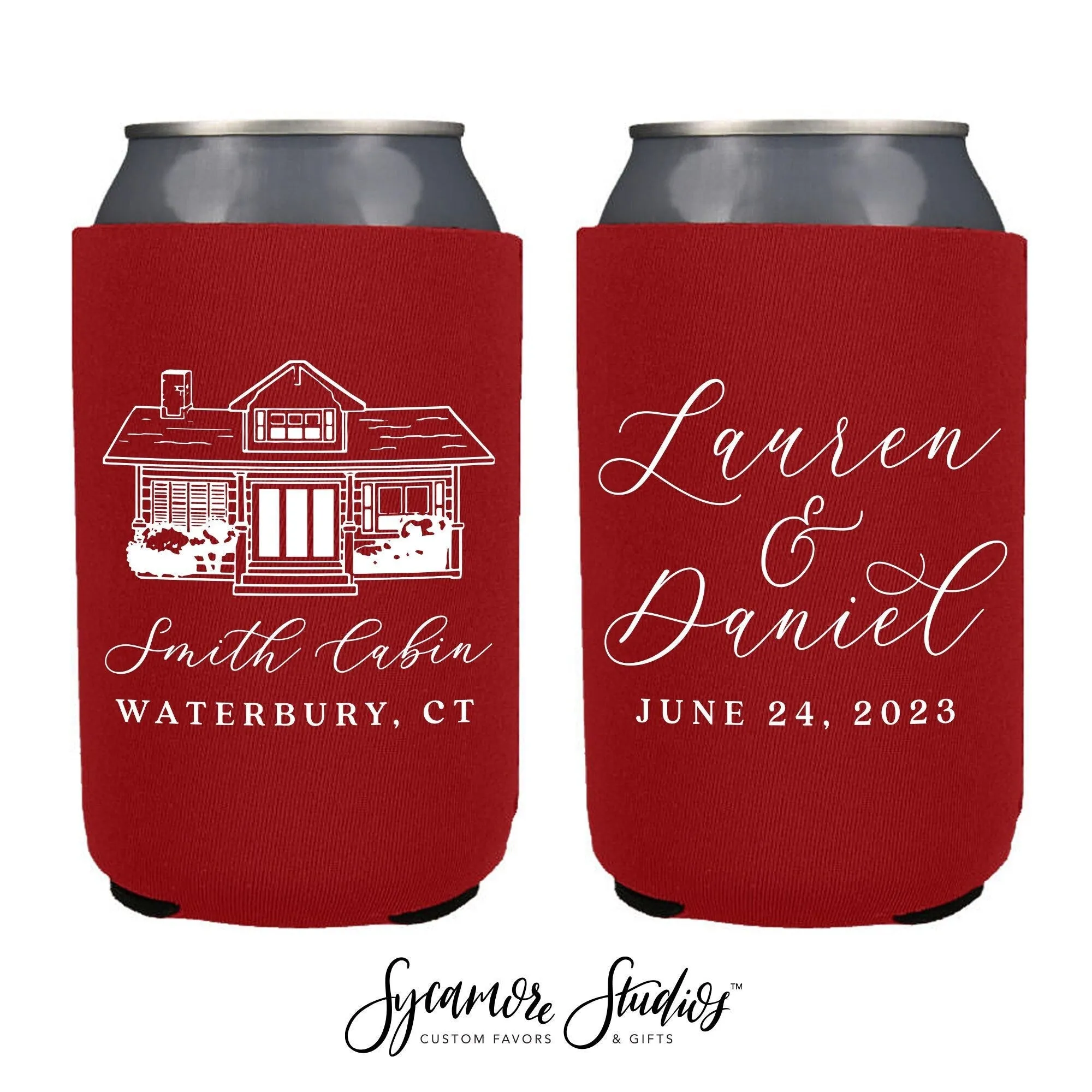 Neoprene Wedding Can Cooler #191N - Custom Venue Illustration