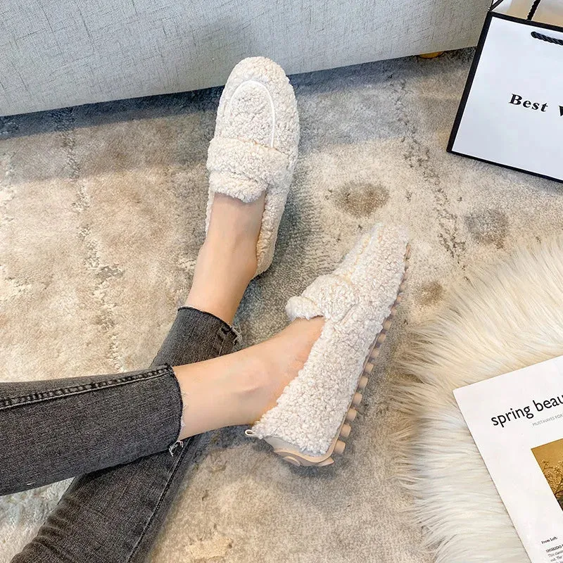new women's winter warm outdoor shoes plush design british style white snow boots Ladies' casual flats Large size 41-43