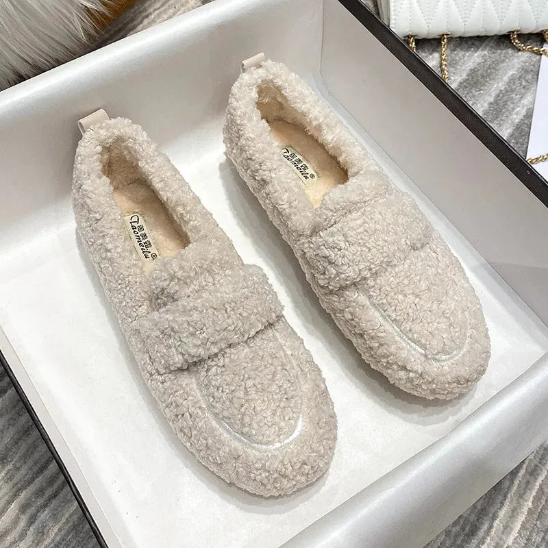 new women's winter warm outdoor shoes plush design british style white snow boots Ladies' casual flats Large size 41-43