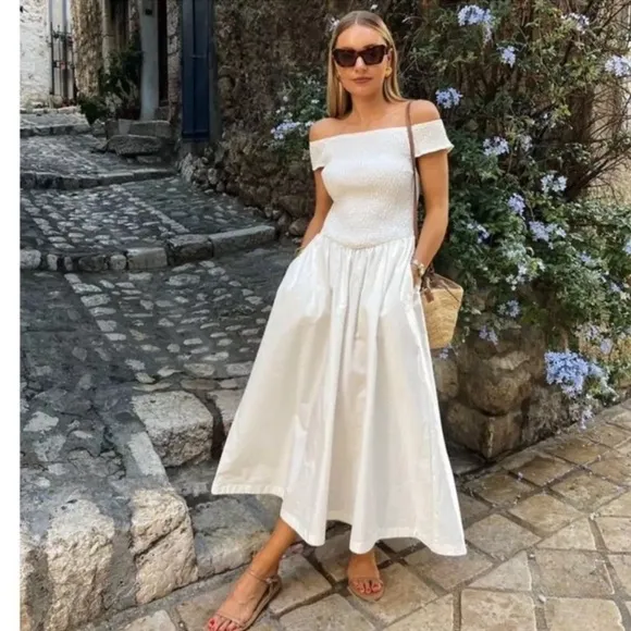 NWOT Free People Ceci Smocked Midi - Ivory
