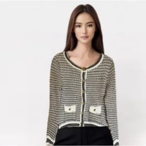 NWT Nanette Lepore Cardigan Camel / Cream  Cozy  Boucle Tweed Cardigan Jacket S
