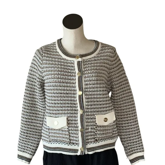 NWT Nanette Lepore Cardigan Camel / Cream  Cozy  Boucle Tweed Cardigan Jacket S
